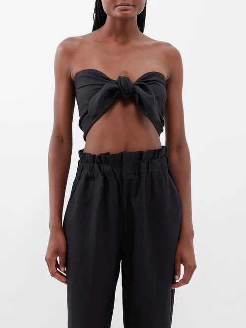 Posse - Micky Bow-tie Linen Cropped Top - Womens - Black | Matches (US)