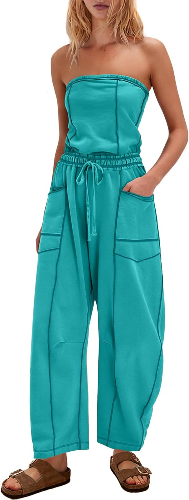 Womens Strapless Jumpsuits Off the Shoulder Tube Top barrel Overalls Loose Fit Romper with Pocket... | Amazon (US)