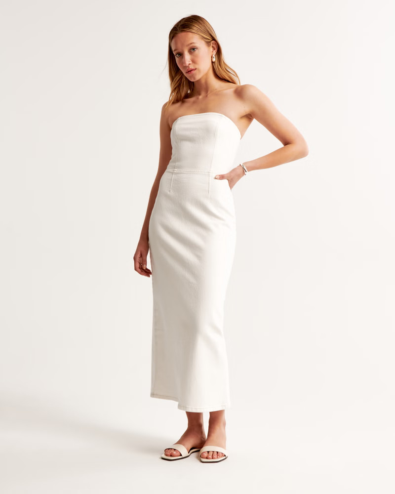 Women's Strapless Denim Midi Dress | Women's Dresses & Jumpsuits | Abercrombie.com | Abercrombie & Fitch (US)