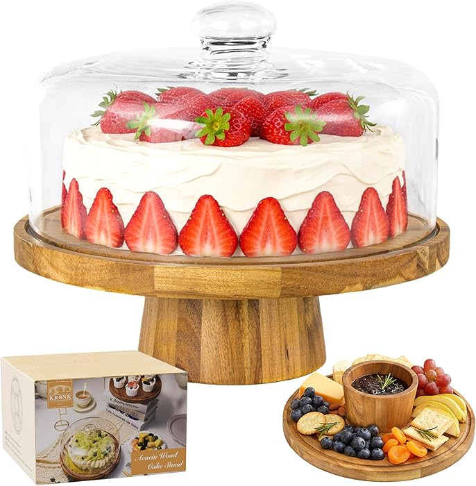 Acacia Wood Cake Stand with Lid, 12" Glass Cake Stand with Dome Cake Holder, 2-in-1 Dessert Table... | Amazon (US)