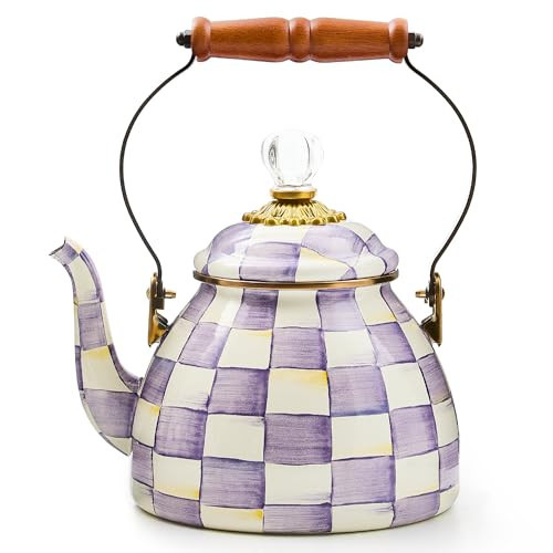 MACKENZIE-CHILDS Enamel Tea Kettle, Decorative Tea Kettle for Stovetop, 2 Quarts, Purple-and-White Violet Check | Amazon (US)