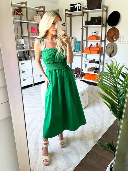 Macy15 for 15% off! Spring style. Summer style. Green dress. Midi dress. Wedges. Avara 

#LTKfindsunder100 #LTKshoecrush #LTKstyletip
