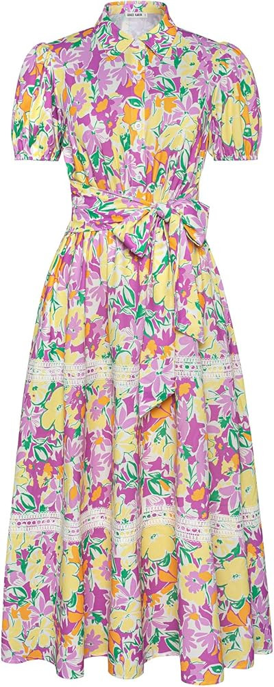 GRACE KARIN Women's 2025 Summer Floral Flowy Dresses Boho Tie Belt Short Puff Sleeve A Line Maxi ... | Amazon (US)