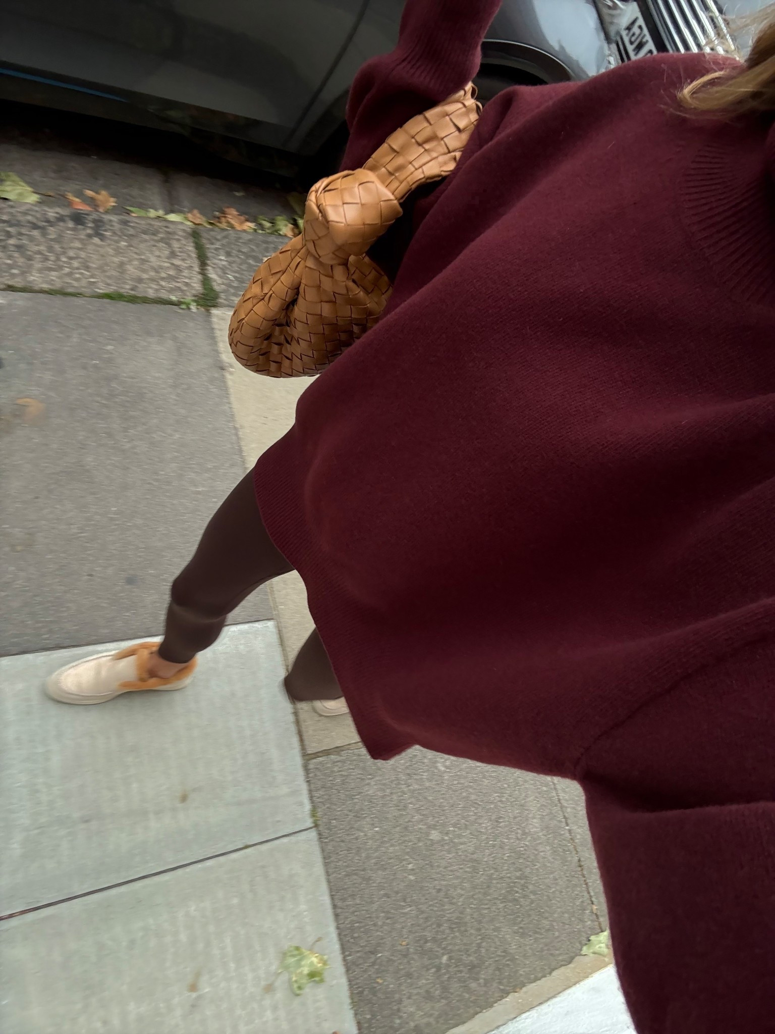 Morning school run outfit brown Varley leggings, burgundy chunky knit loro piana shoes 