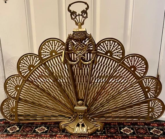 Vintage Art Deco Brass Folding Peacock Fireplace Fan Screen Profile Ornate Stand | Etsy (US)