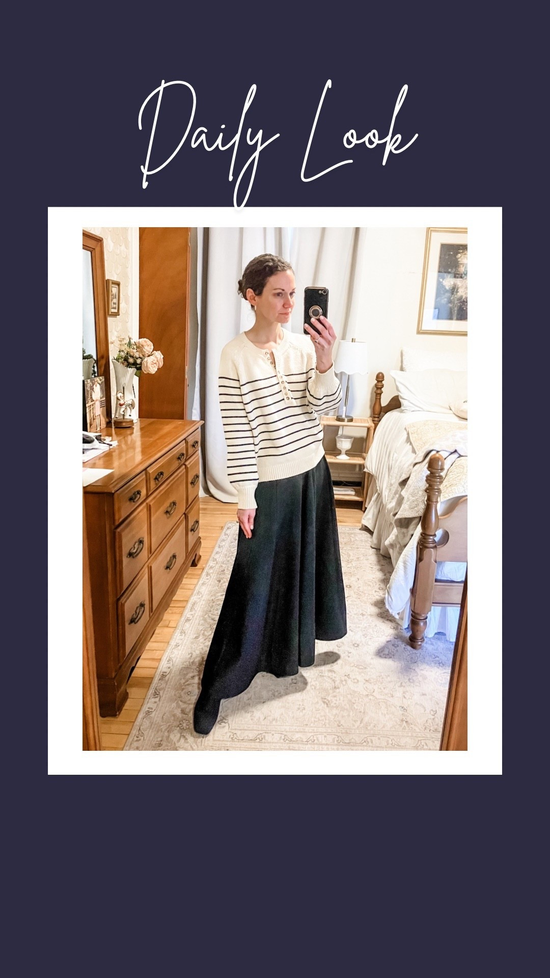 Navy and white church outfit!
Cream and navy stripe cotton sweater from @SEZANE 
Navy maxi skirt from @Chicwish 
Navy knee high sweater boots from Vivaia. 
Petite outfit. Modest outfit. Winter outfit. Classic outfit. Parisian outfit. Church outfit  

#LTKootd #LTKdayinmylife #LTKgrwm