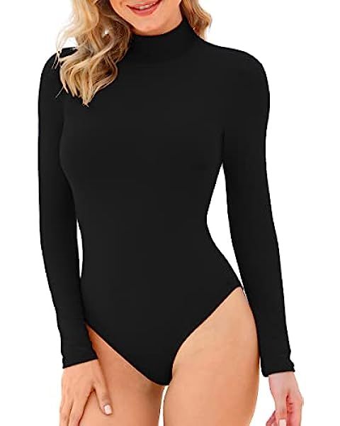 MANGOPOP Women's Mock Turtle Neck Long Sleeve Tops Bodysuit Jumpsuit | Amazon (US)