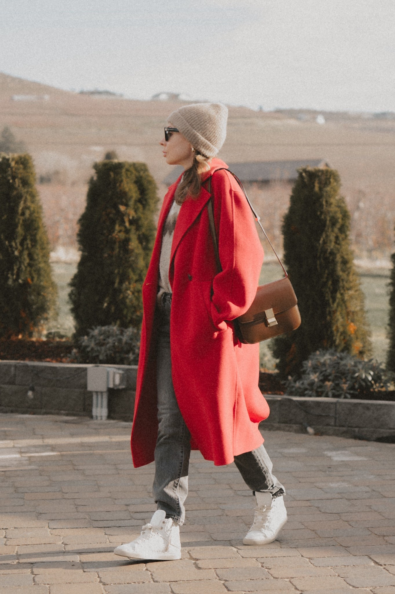 Fair isle sweater + double face wool coat + classic box bag + straight leg jeans + shearling trimmed sneakers + beanie. 

#LTKSeasonal #LTKmomlife #LTKootd