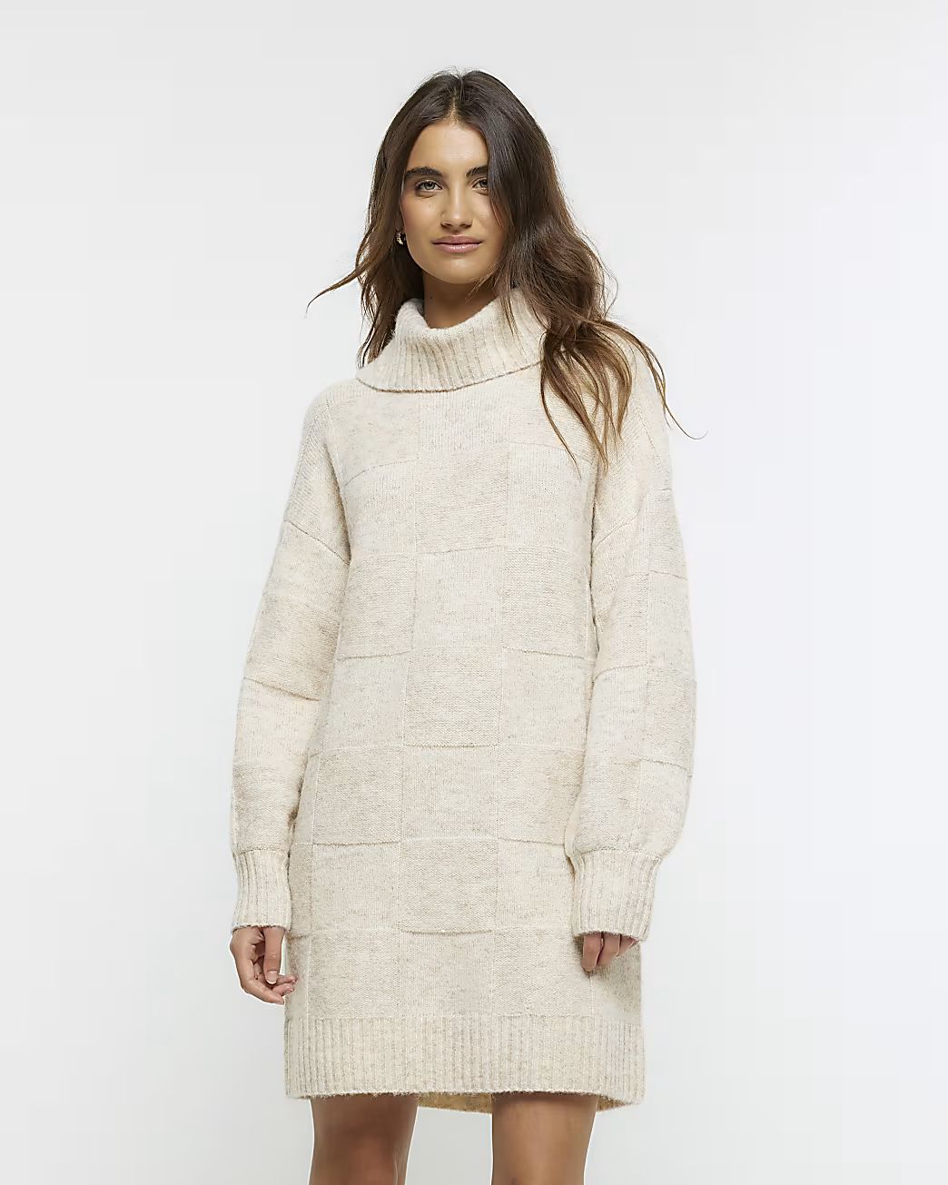 Beige textured roll neck jumper mini dress | River Island (UK & IE)