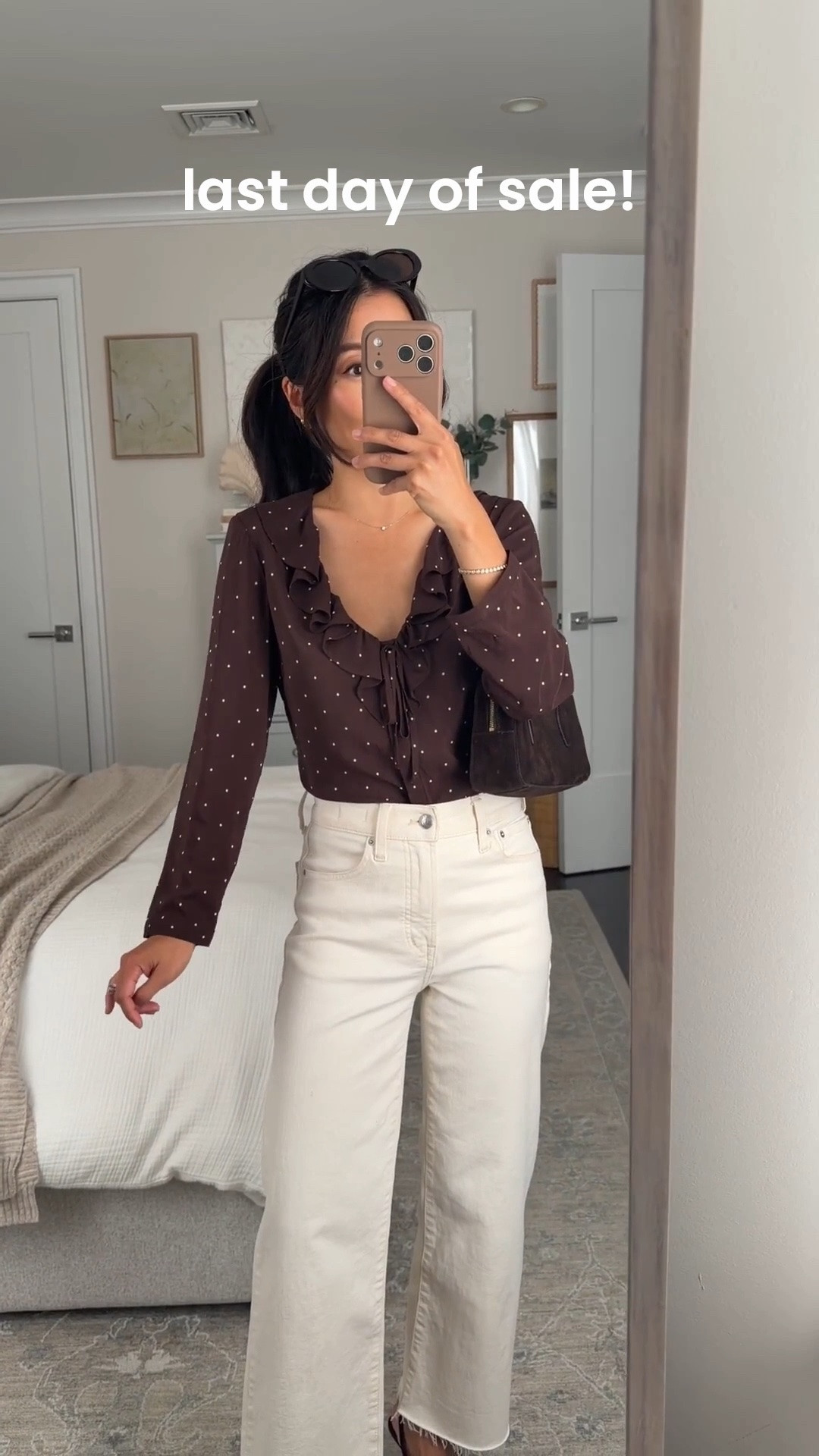 Last day for this outfit on sale! • ruffle button up blouse 00, slender fit lower cut on petites, perfect sleeve length also looks nice tucked into high waisted trousers 
• Perfect Vintage Wide-Leg Crop Jean 24 short fits very well 
• Suede zip shoulder bag 
• Oval sunglasses 
• Sam Edelman kitten heels 5.5 

Fall outfits, petite ecru white jeans, transitional outfit, workwear work outfit

#LTKPetite #LTKWorkwear #LTKSaleAlert