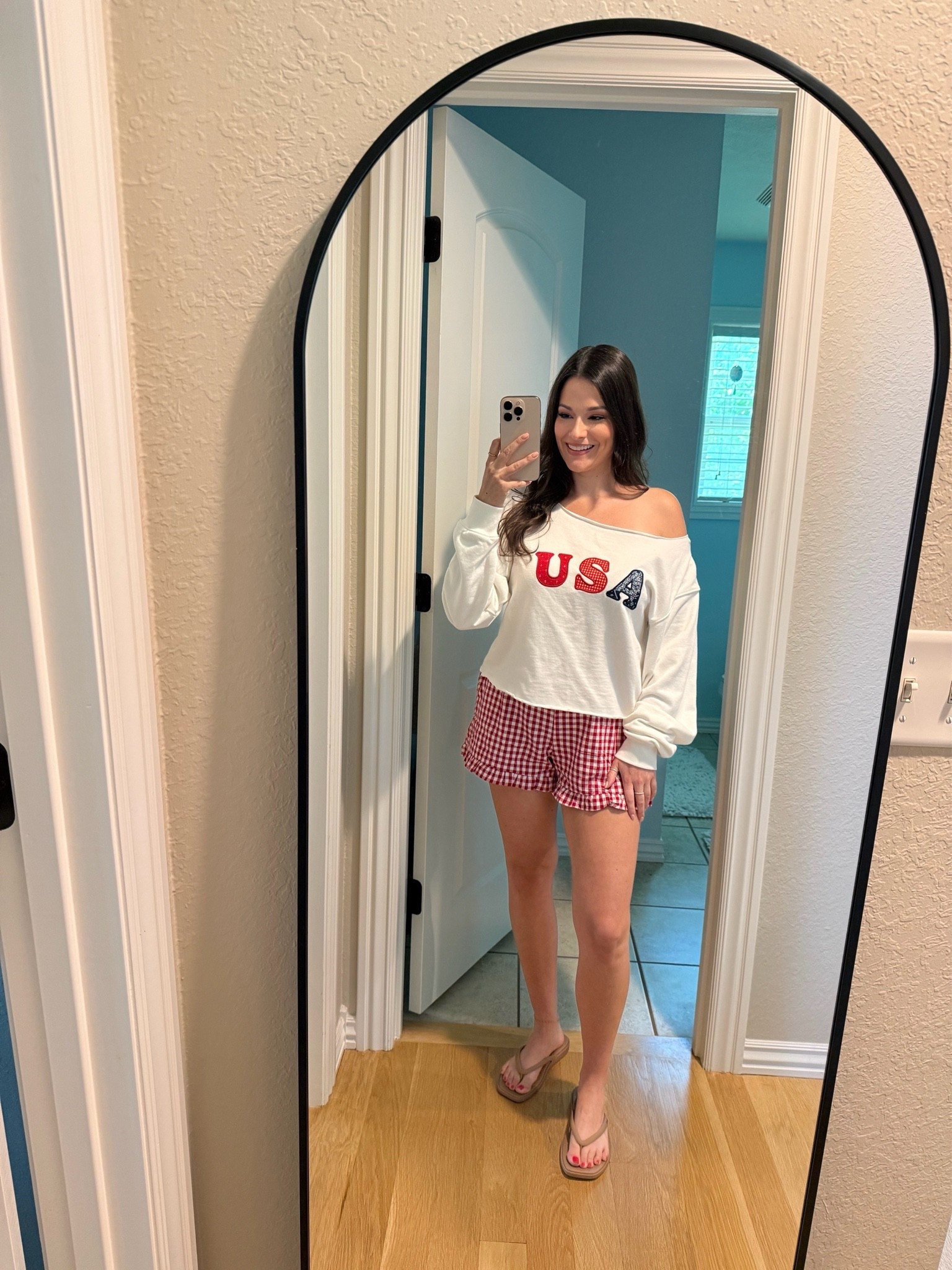 this USA off the shoulder top is finally in stock online, love how light weight it is. 

Fourth of July, 4th of July outfit, patriotic outfit, summer style, easy summer outfit, gingham shorts, ruffle shorts, casual outfit, boxer shorts outift

#LTKootd #LTKPetite #LTKU