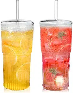 CAYOREPO 2 Packs 20 oz Glass Cups with Lids and Straws, Glass Coffee Tumbler, Tumbler Water Glass... | Amazon (US)