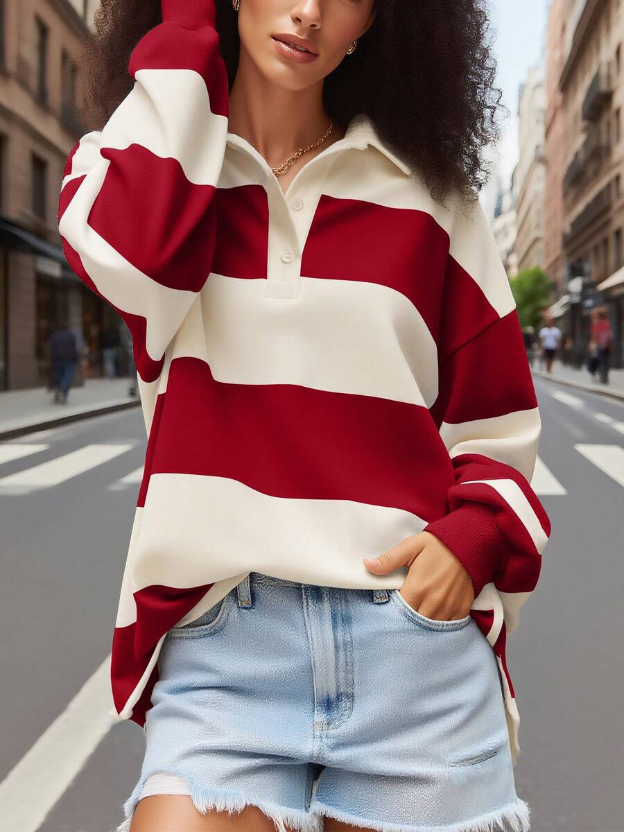 LocalY2k Women Striped Rugby Polo Shirt Long Sleeve Collared Oversized Vneck Sweatshirt Vintage J... | SHEIN