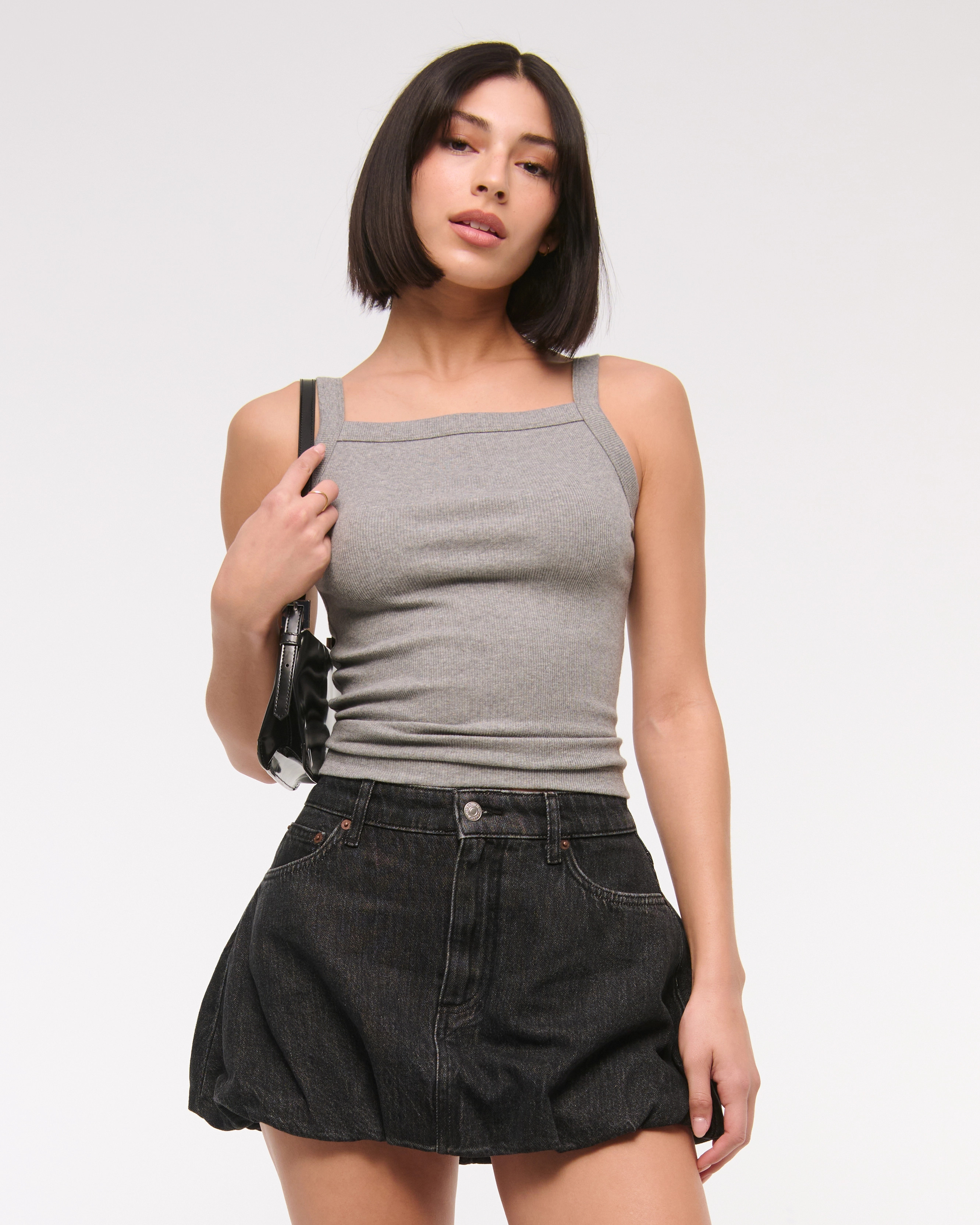 Mid Rise Bubble Hem Denim Mini Skirt | Abercrombie & Fitch (US)
