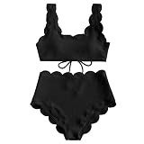 ZAFUL Women's Scalloped Textured Swimwear High Waisted Wide Strap Adjustable Back Lace-up Bikini Set | Amazon (US)