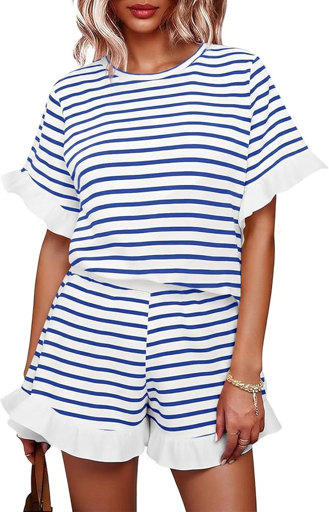 Amazon.com: Tankaneo Womens 2 Piece Striped Shorts Set Ruffle Short Sleeve Tops Hight Waist Short... | Amazon (US)