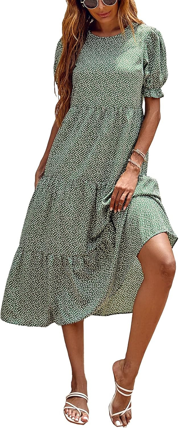 PRETTYGARDEN Women's Summer Casual Boho Dress Floral Print Ruffle Puff Sleeve High Waist Midi Bea... | Amazon (US)