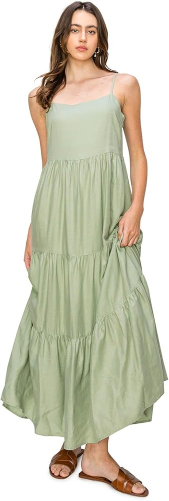 Cali1850 Women's XS~XL Lined Tiered Sleeveless Linen Flare Maxi Dress with Adjustable Spaghetti S... | Amazon (US)