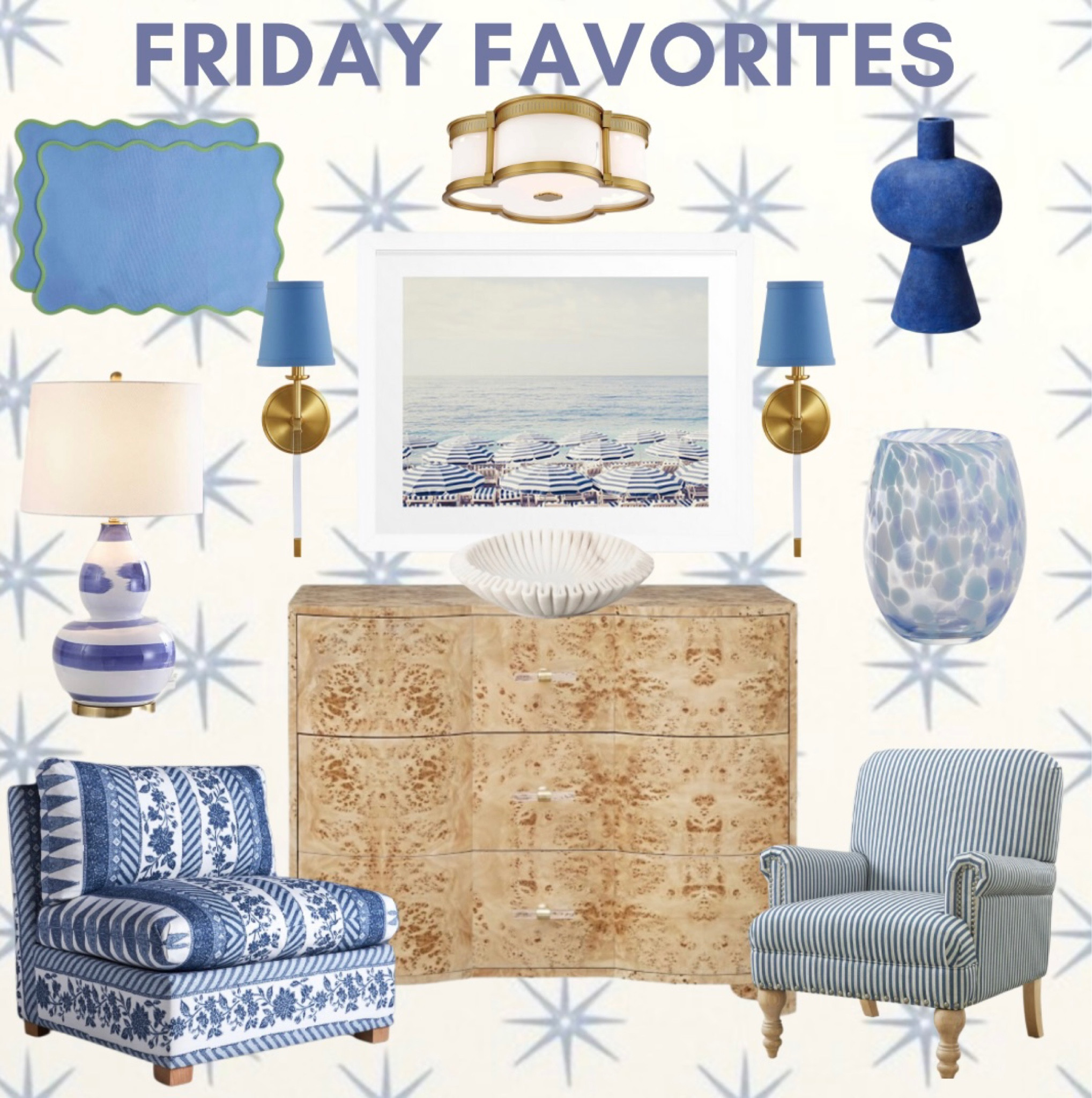 French blue home // grandmillennial // preppy // traditional home // scalloped placemats // scalloped flush mount light // figure vase // beach photograph // gold acrylic sconce light // scallop wavy bowl // Amazon // Target // burl wood dresser // blue and white lamp // slipper chair // accent arm chair // confetti wineglass // Danika Herrick // star wall paper // Sister Parish wallpaper dupe // Mark Sikes // Anthropologie // budget 

#LTKhome #LTKFind #LTKsalealert