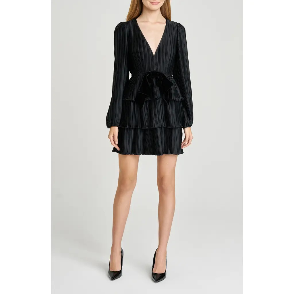 WAYF Melissa Plissé Long Sleeve Tiered Minidress in Black at Nordstrom Rack, Size Large | Nordstrom Rack