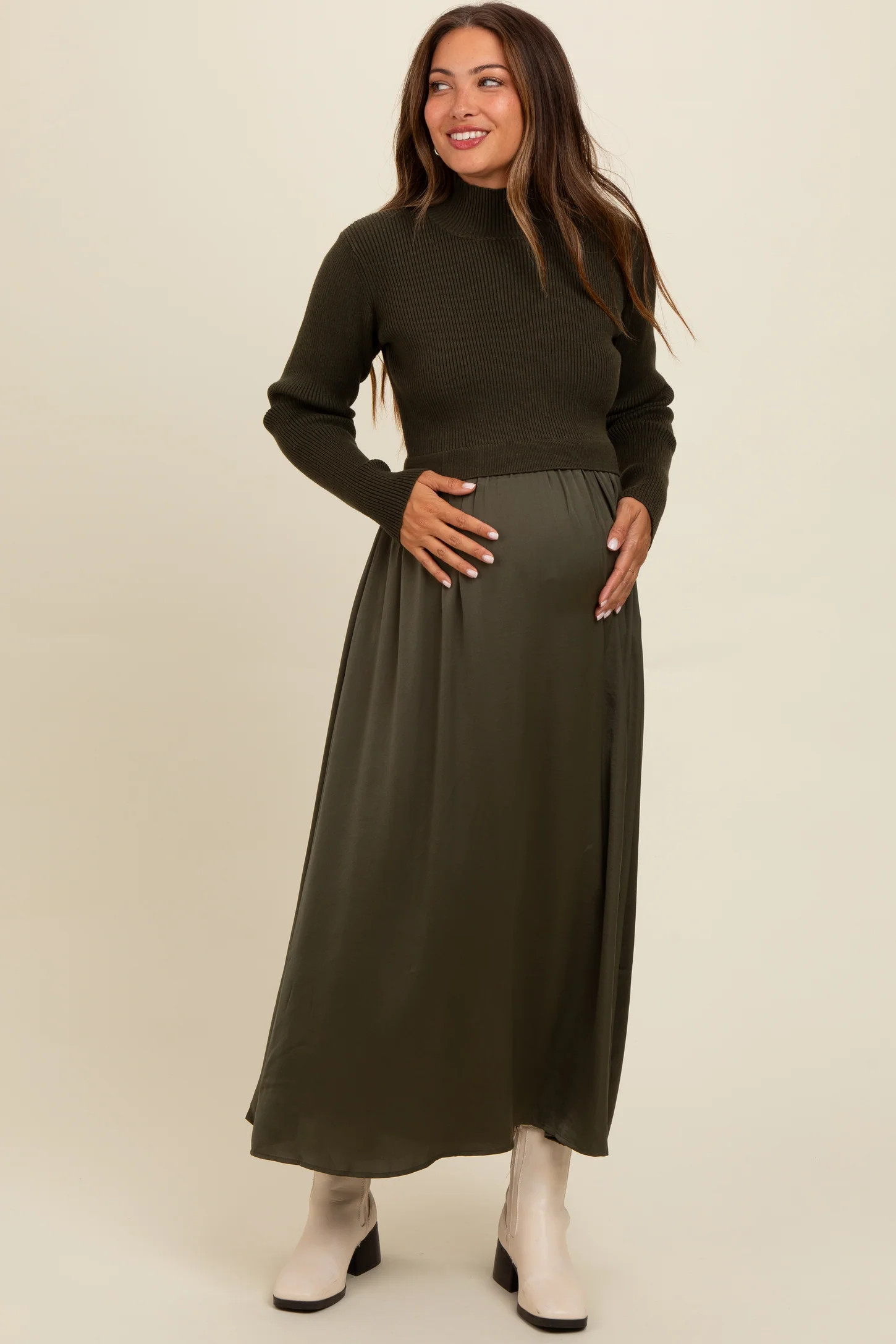 Olive Knit Contrast Top Satin Maternity Midi Dress | PinkBlush Maternity