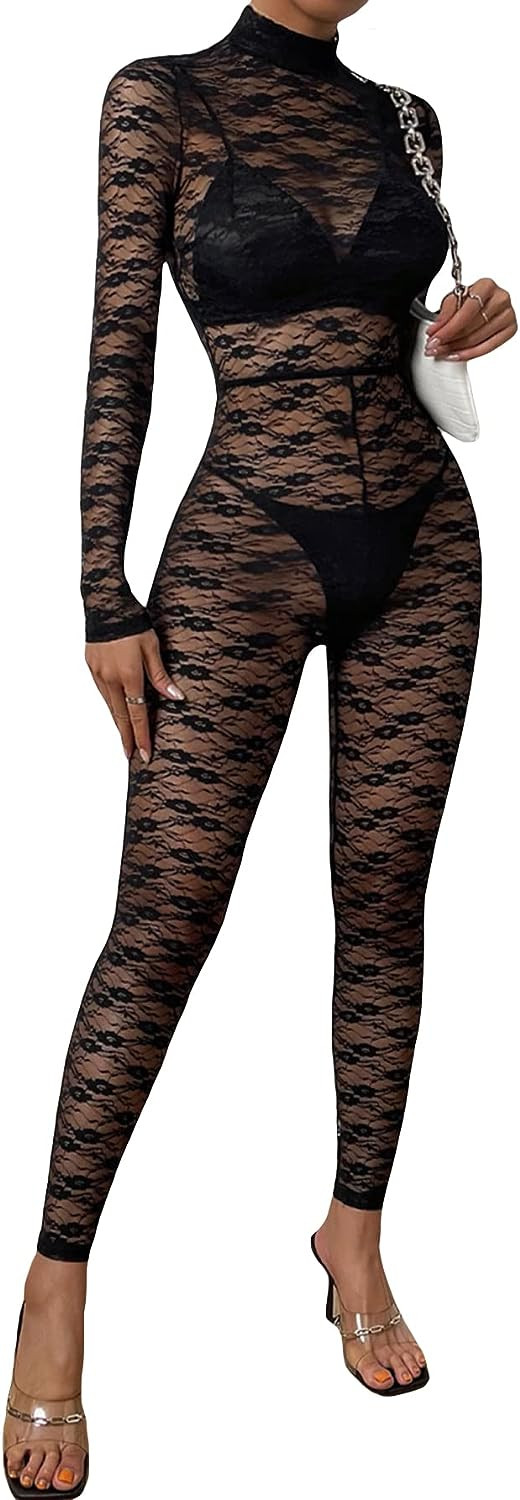 Singreal Women's Sheer Lace Long Sleeve Mock Neck Bodycon Jumpsuit Unitard Bodysuit | Walmart (US)