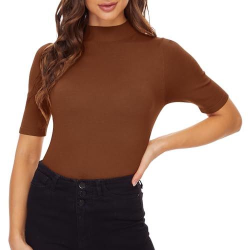 Anbenser Women’s Short Sleeve Mock Pullover Sweater Knit Jersey Top Slim Fit (Caramel, S) | Amazon (US)