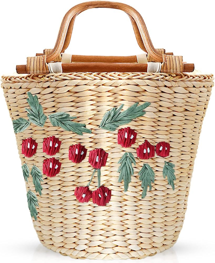 Straw Bag, Beach Bag for Women, Handwoven Handbag Vintage Cherry Pattern Embroidery Creative Wood... | Amazon (US)