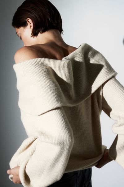 Rib-knit Off-the-shoulder Sweater - Light beige - Ladies | H&M US | H&M (US + CA)