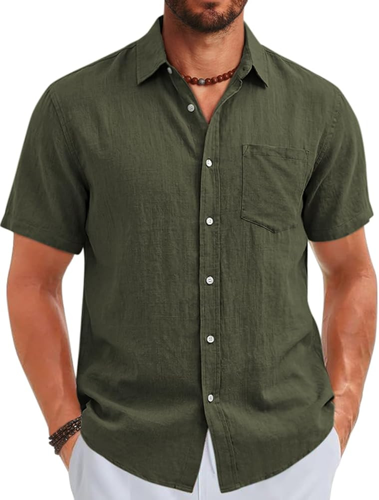 TARSE Men\u2019s Linen Blend Untucked Button Down Shirt Short Sleeve Casual Breathable Beach Vaca... | Amazon (US)