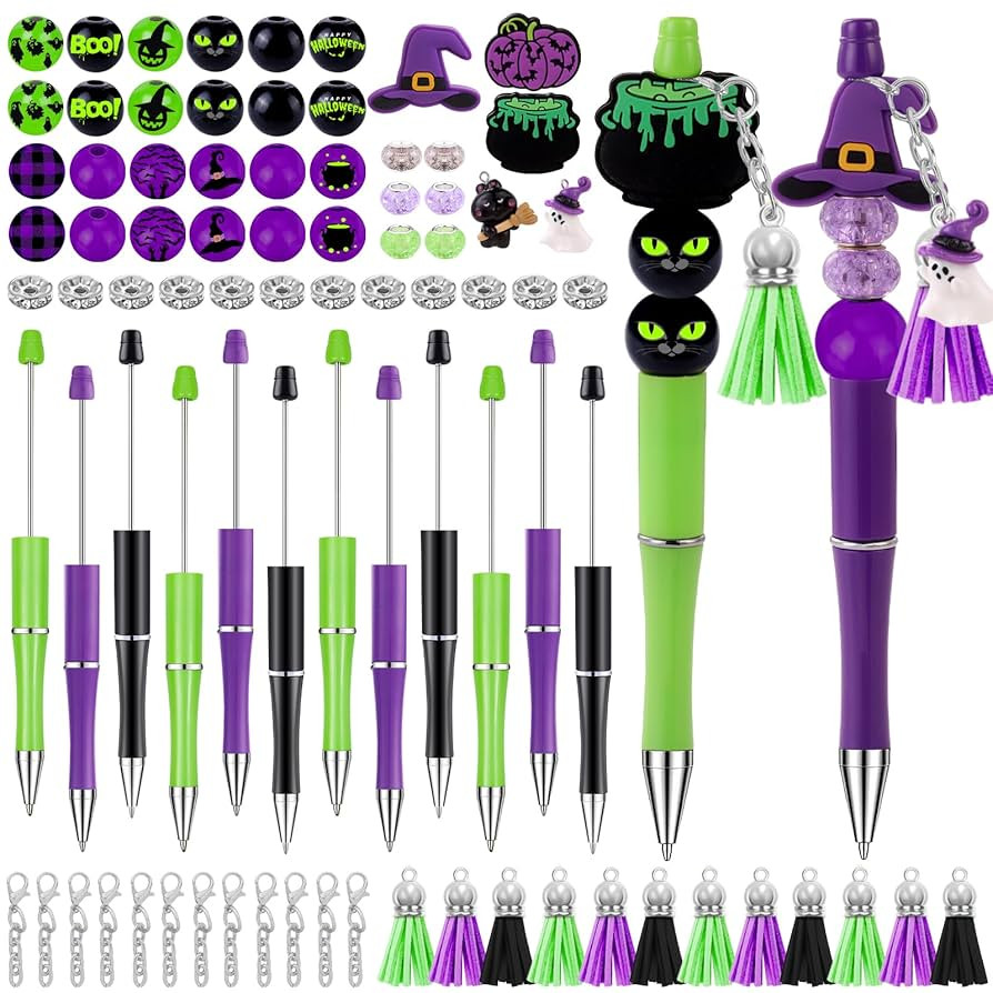 12 Set Halloween Beadable Pens Fall Black Cat Bead Pens Witch Bulk Ballpoint DIY Crafting Pens Ma... | Amazon (US)