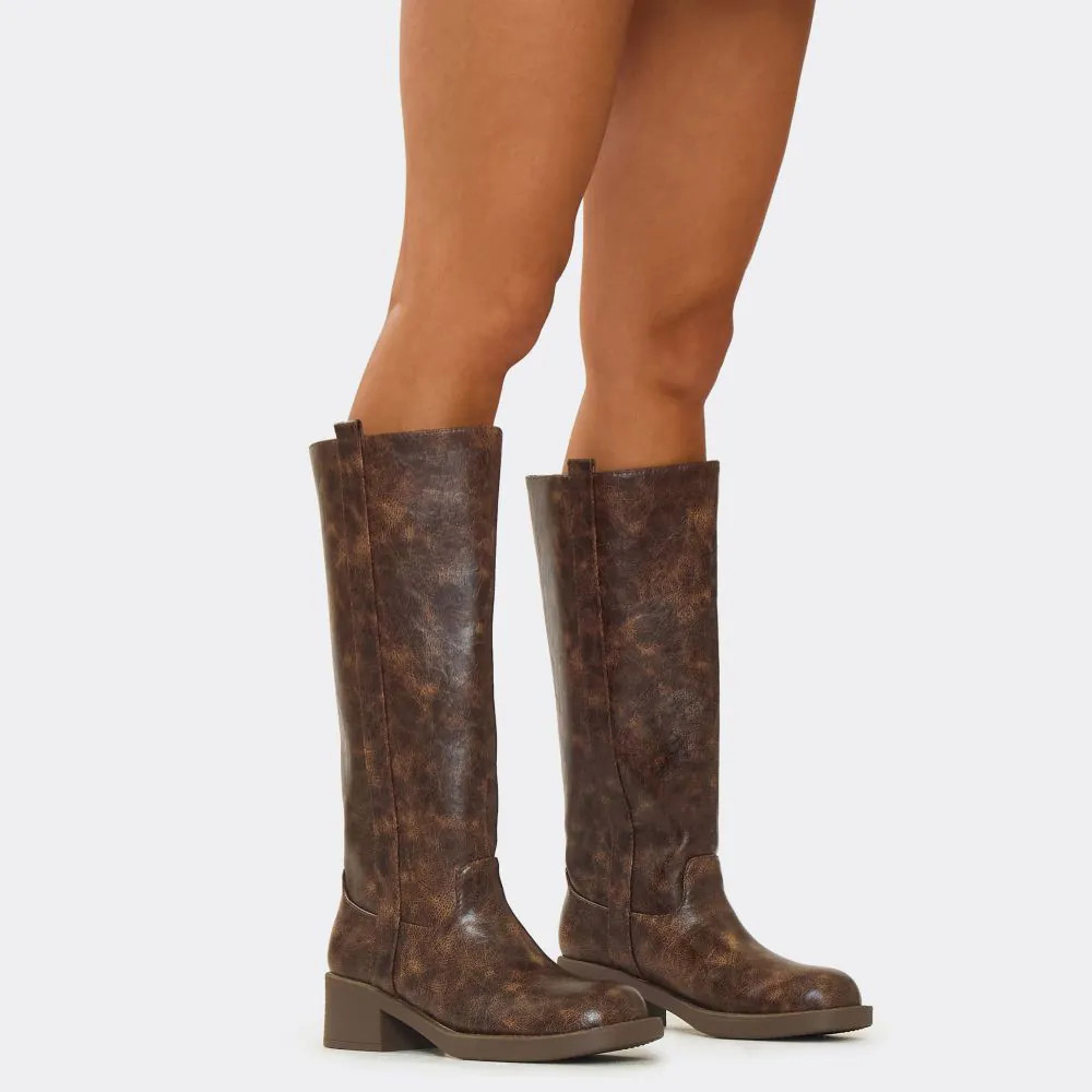 Mamma Knee High Long Biker Boot In Distressed Brown Faux Leather | EGO (UK)