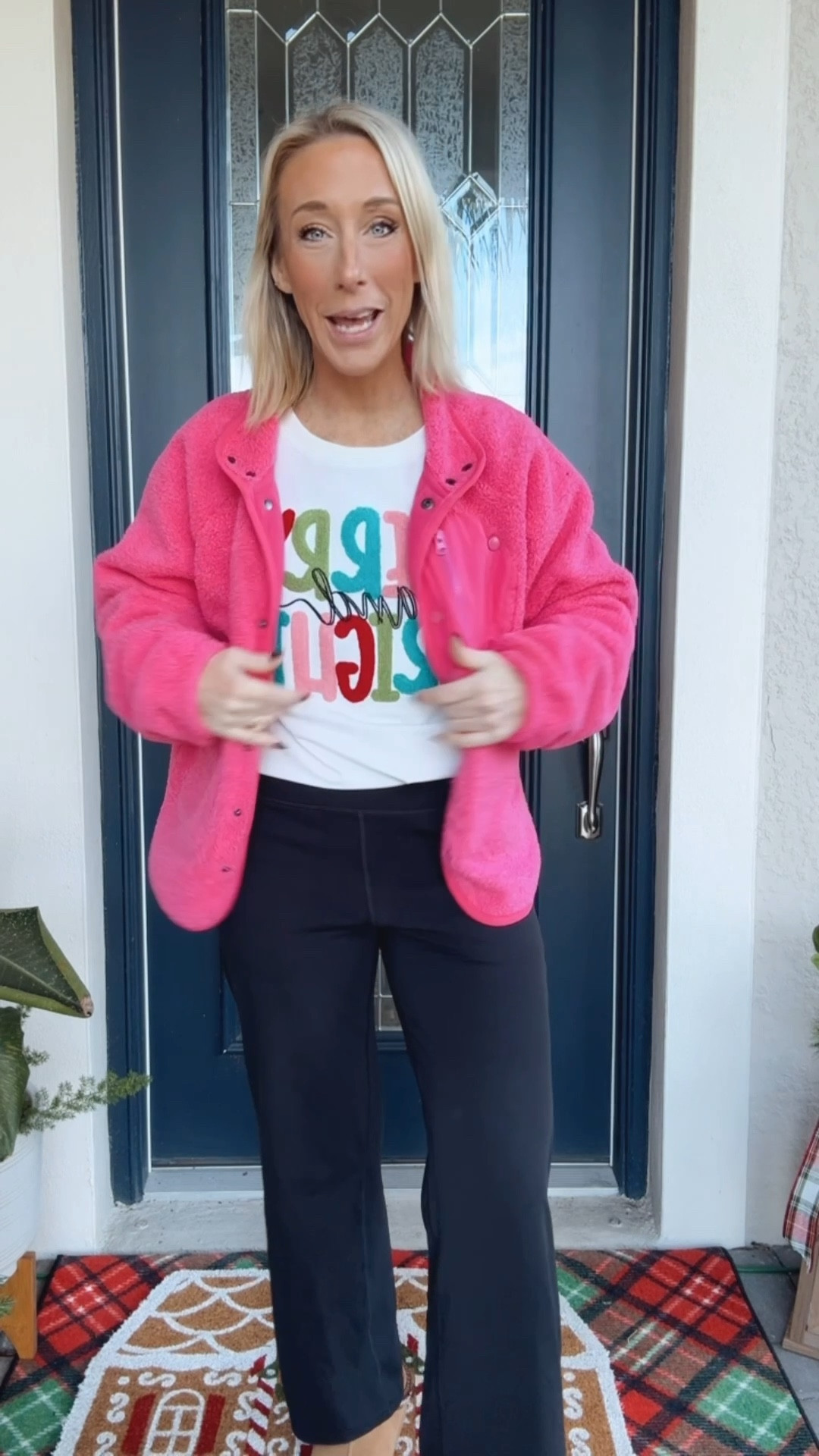 Happy Friday here’s my bus stop ootd:
• ‘Merry & Bright” sweatshirt size medium (tucked it into a belt band).
• Pink jacket - size small.
• Wide leg yoga pants size small, short (come in 3 lengths). Use code G4FREE10 for 10% off.

#LTKSeasonal #LTKHoliday #LTKootd