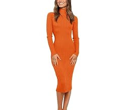 MEROKEETY Women's Ribbed Long Sleeve Sweater Dress High Neck Slim Fit Knitted Midi Dress | Amazon (US)