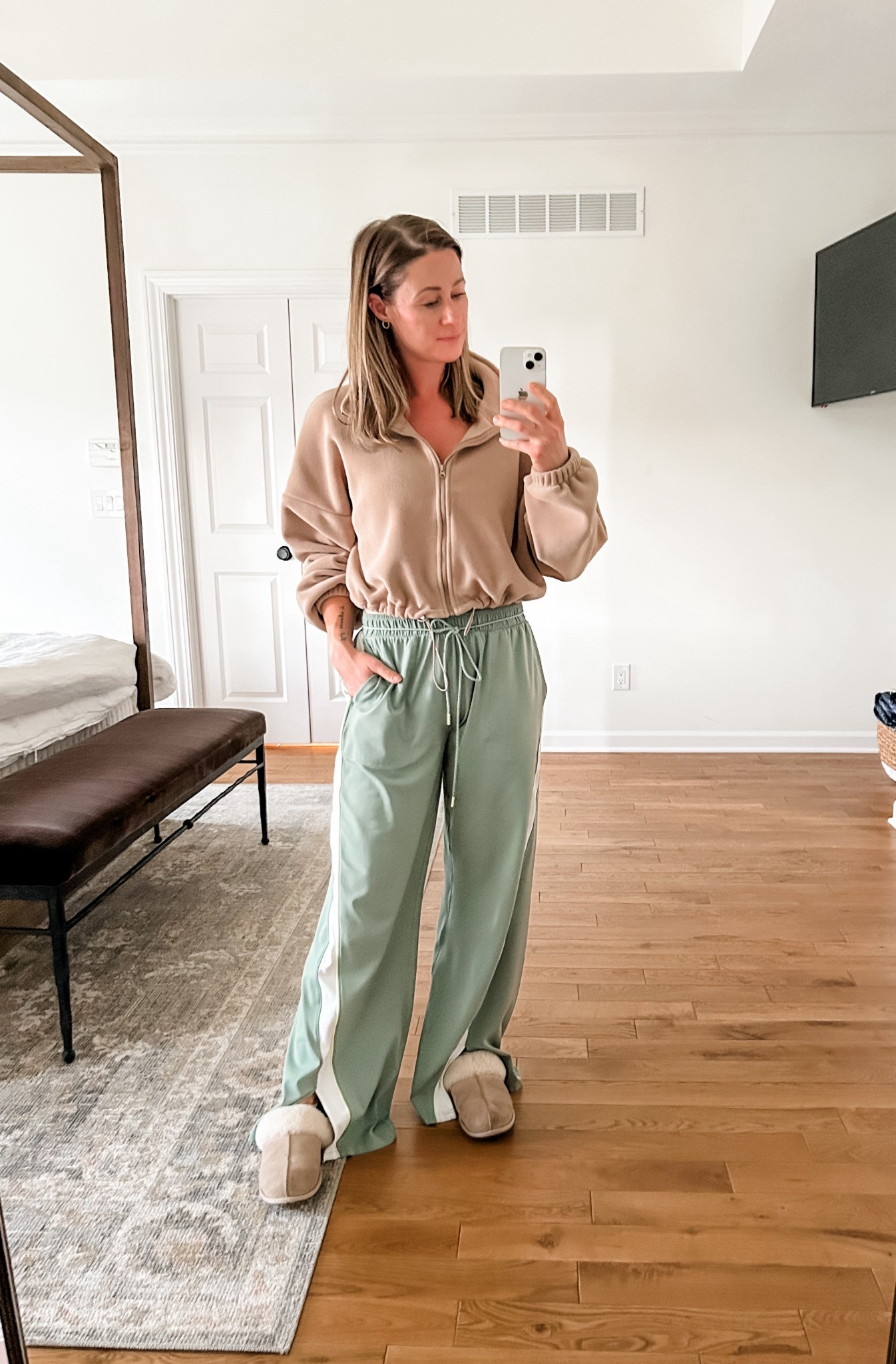 My new personality, plus a fleece jacket 🙃 these pants are so flattering- the stripe on the side is the best! The real question is whether or not I buy this is navy also...

#LTKmomlife #LTKSaleAlert #LTKootd