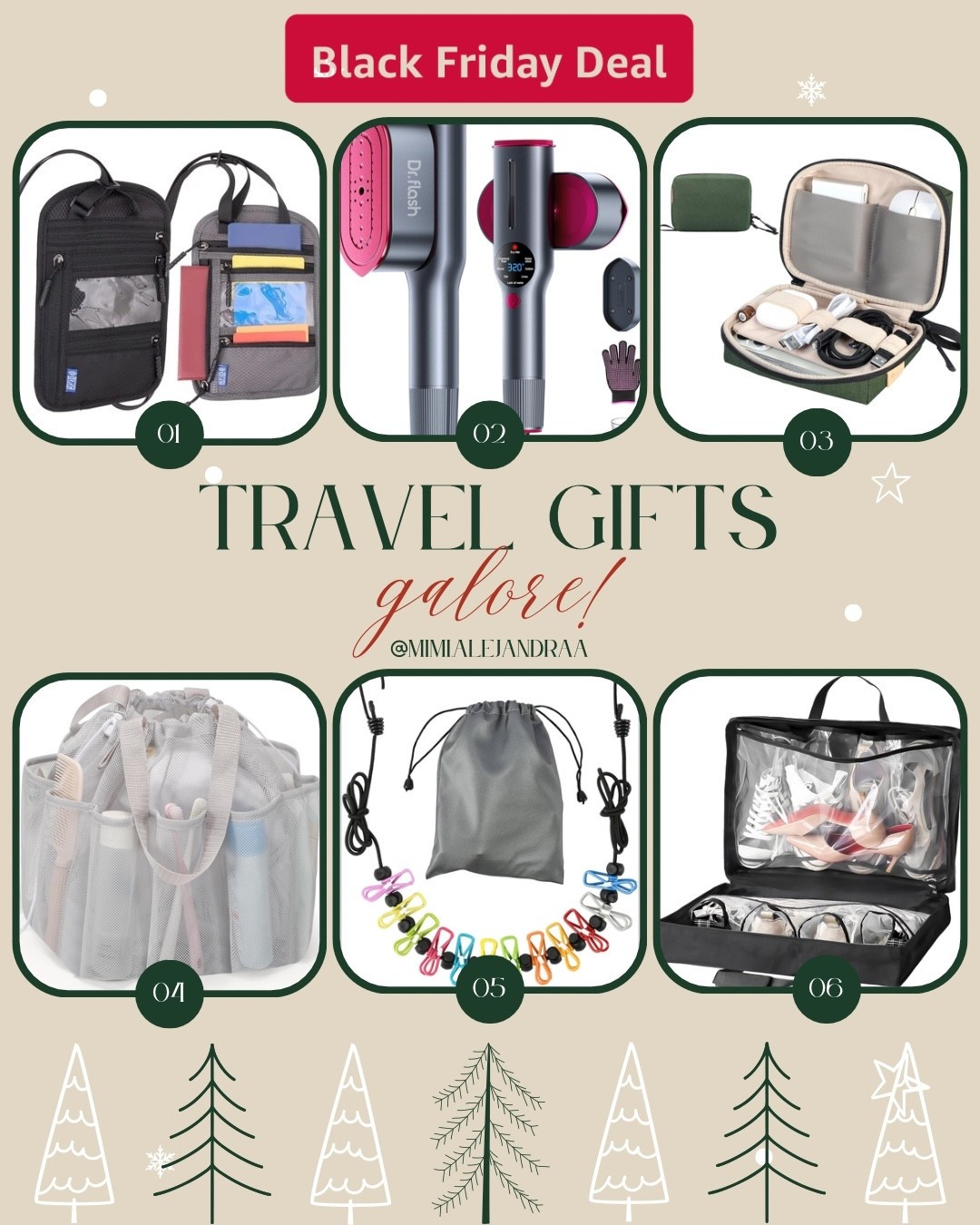 Travel edit Black Friday sale on Amazon
Passport boarding pass pouch 
Travel sized steamer that’s pretty awesome 
Cord organizer that zips up 
Drawstring, mesh bag for swimwear or shower 
Retractable dry line the clips do not remove so you won’t lose them. You can adjust the width between the different clips. This is just one of my favorite things. 
Shoe tote for travel you can fit up to 10 pairs of shoes, but there are slots for eight pairs of shoes.

#LTKGiftGuide #LTKTravel #LTKCyberWeek