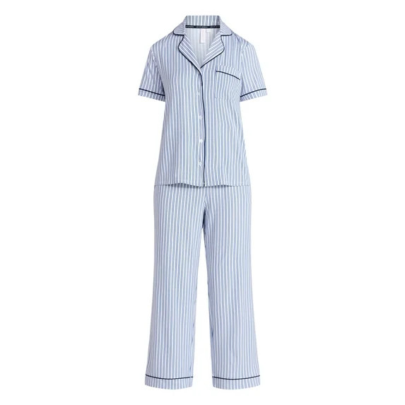 Joyspun Women's Dreamy Soft Collection Notch Collar Top and Capri Pants Pajama Set, 2-Piece, Size... | Walmart (US)