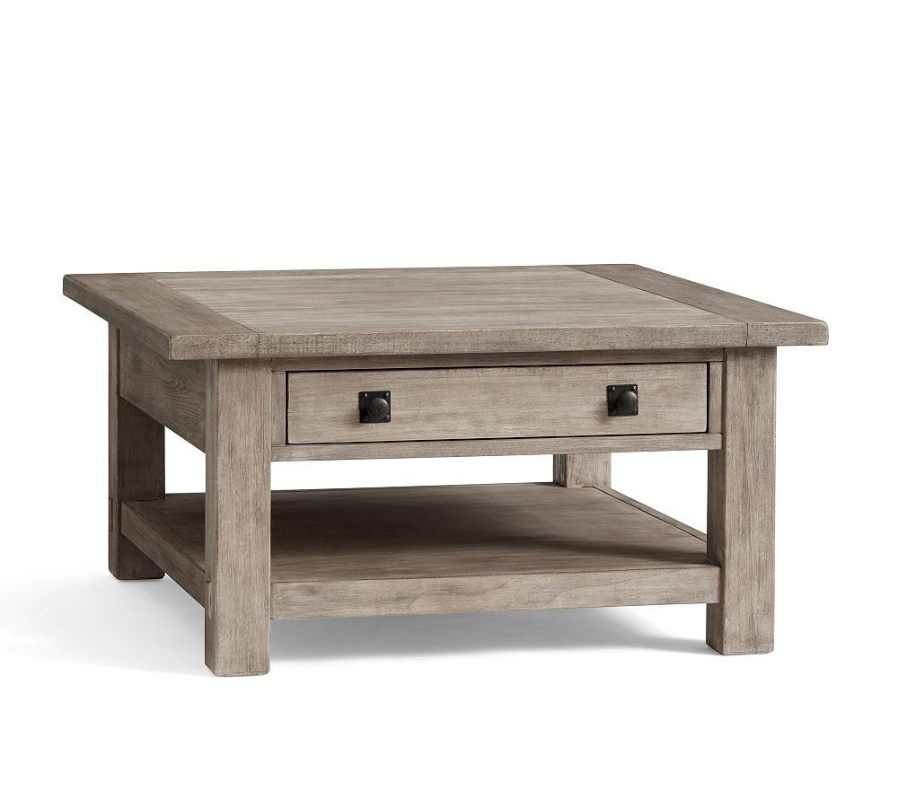 Benchwright Square Wood Coffee Table with Drawer, Gray Wash, 36"L | Pottery Barn (US)