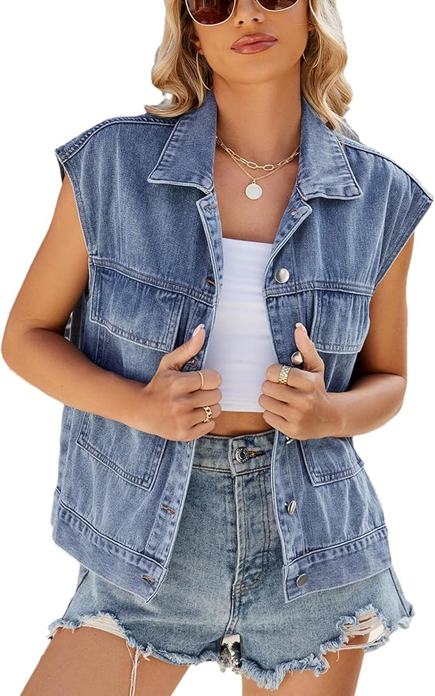 Women's Denim Jean Vest Vintage Cropped Button Down Jean Waistcoat Gilet with Pockets | Amazon (US)