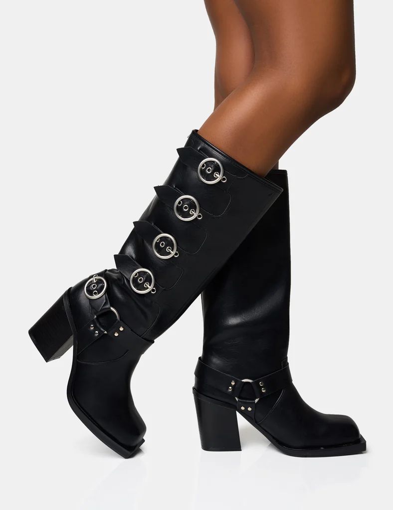 Fetish Black Pu Buckle Detail Knee High Boots | Public Desire (US & CA)