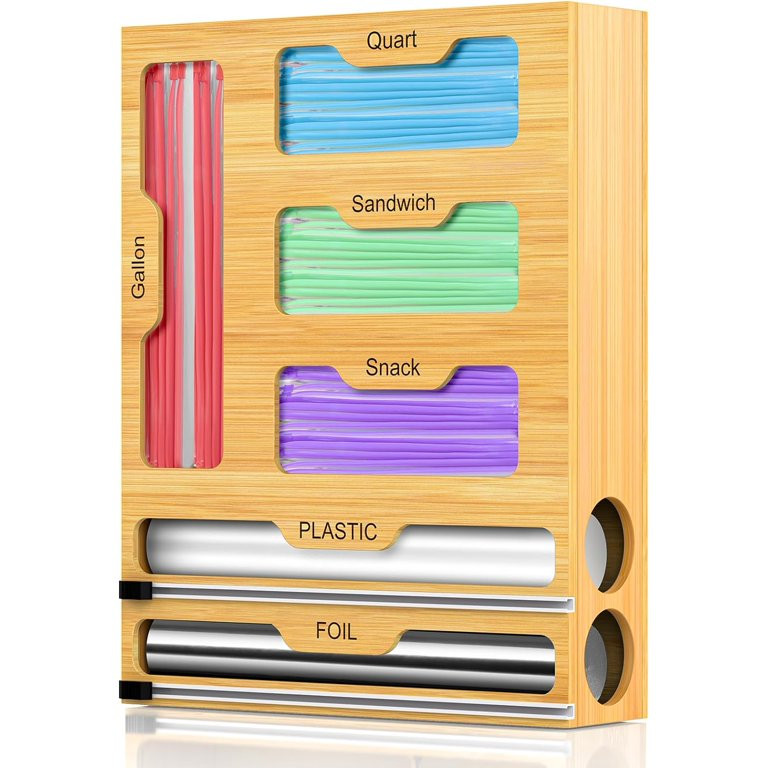 Ziplock Bag organizer, Ziplock Foil and Plastic Wrap Dispenser with Cutter, 6 in 1 Bamboo Kitchen... | Walmart (US)
