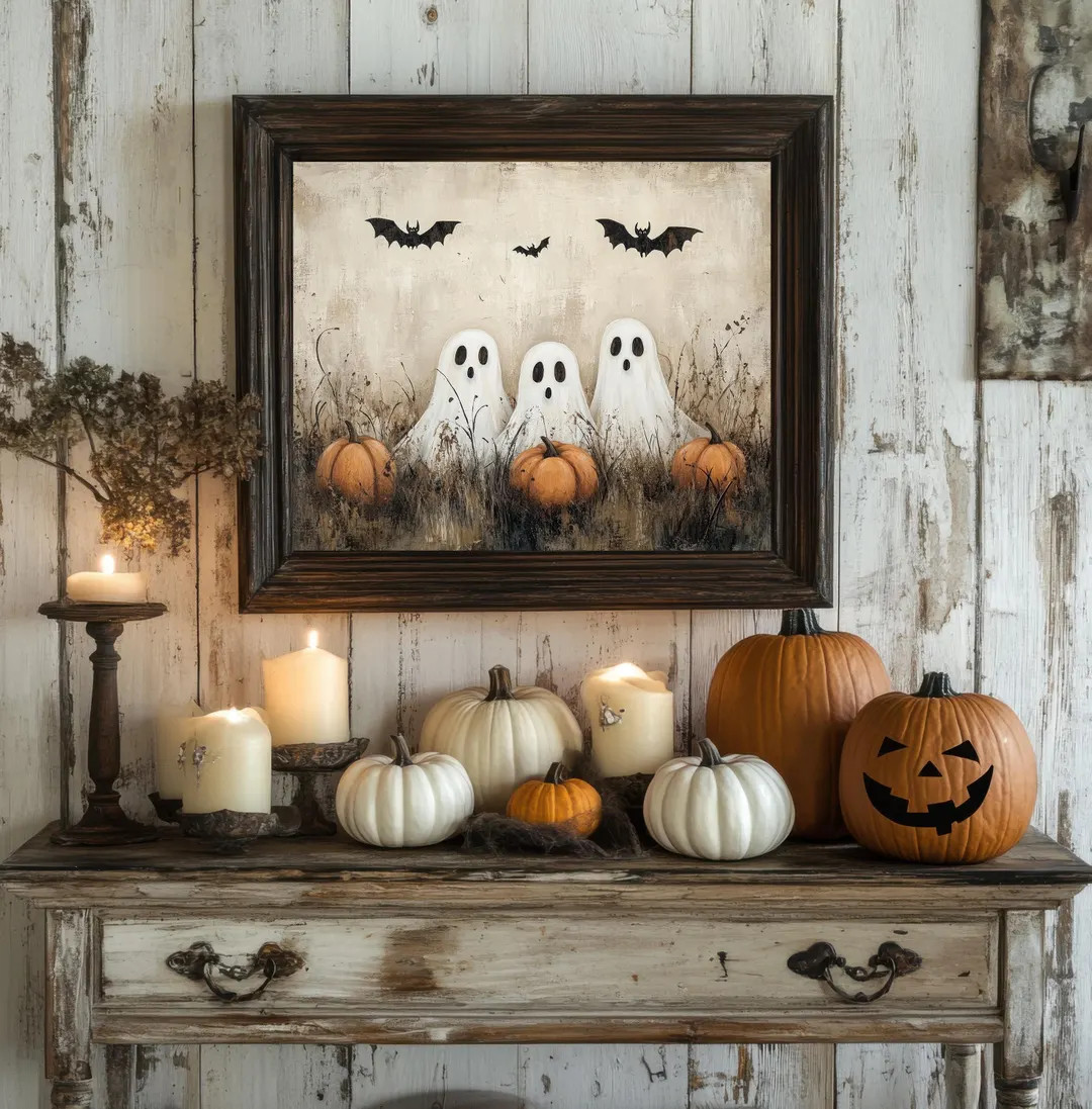 Cute Rustic Ghost Print Ghosts Pumpkins Bats Vintage Style Wall Art | Old Fashioned Cottage Hallo... | Etsy (US)
