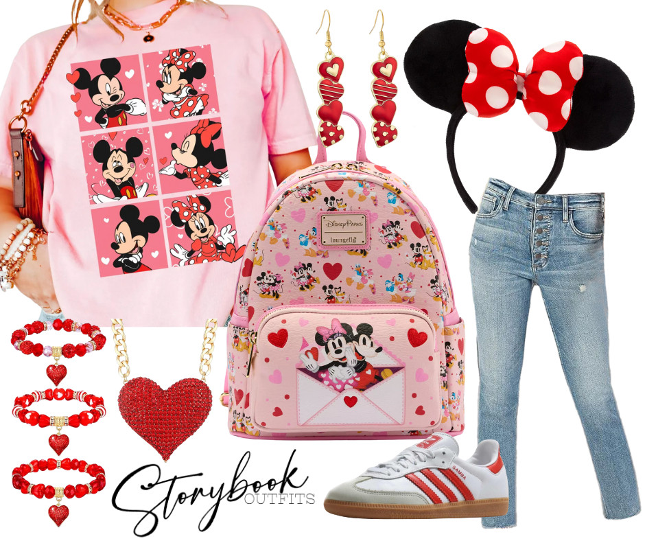 Pink Minnie & Mickey tee, polka-dot ears, love letter Loungefly, heart jewelry stack, relaxed denim + comfy red-striped sneakers — this Storybook Outfit is perfect for Disney February trips, date nights, or anyone who loves all things Minnie and hearts. 

 

#LTKTravel