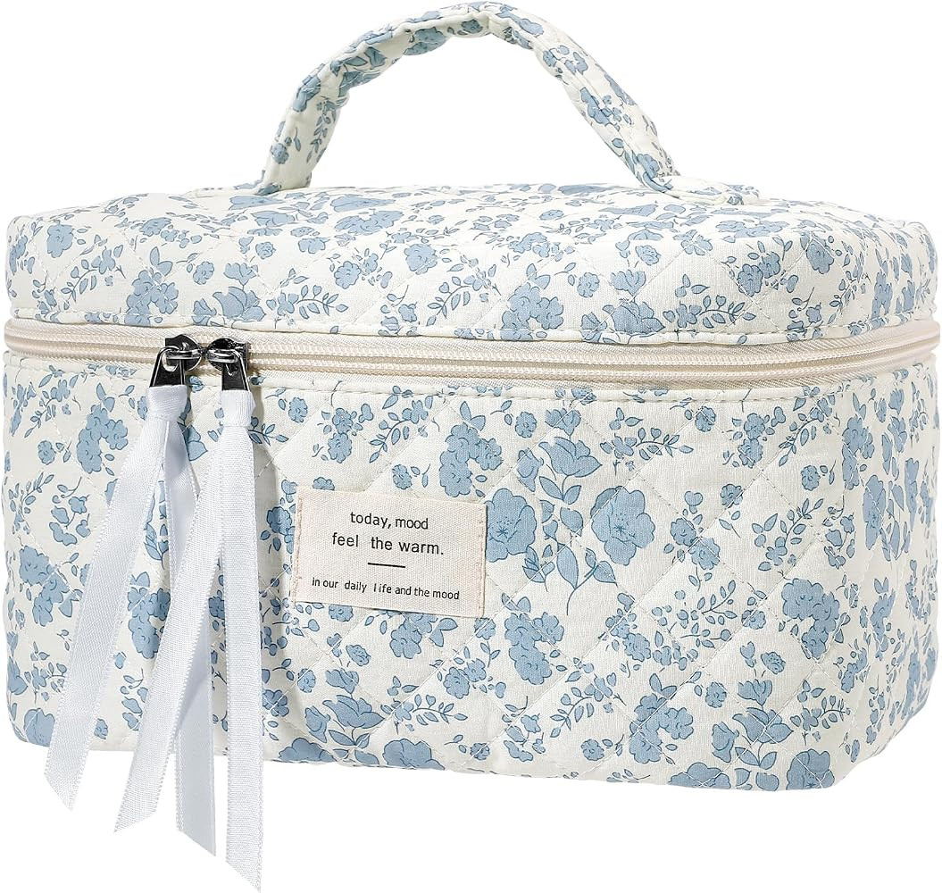 senbowe Large Quilted Makeup Bag, Cotton Floral Cosmetic Bag for Women, Cute Coquette Aesthetic M... | Amazon (US)