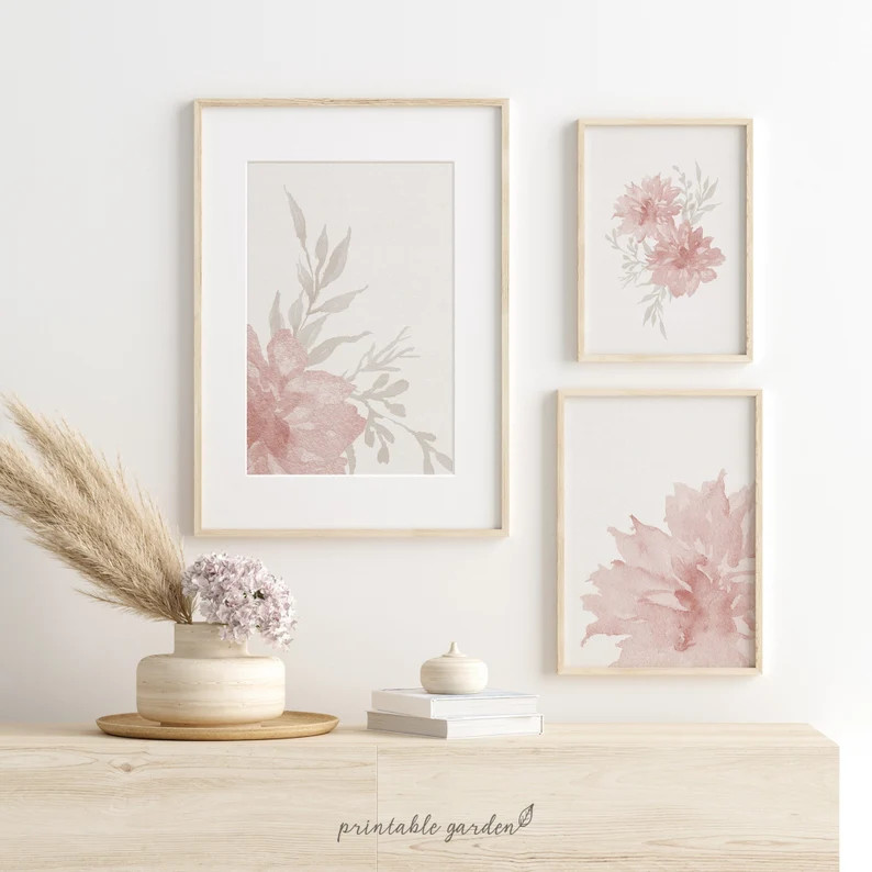 Watercolor Digital Set of 3 Prints, Prints Set for Bathroom Decor, Pink Wall Art for Bedroom or N... | Etsy (US)