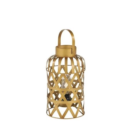 Decmode Large, Metallic Gold Woven Metal Lantern with LED Battery Operated Light Bulb & Metal Handle | Walmart (US)