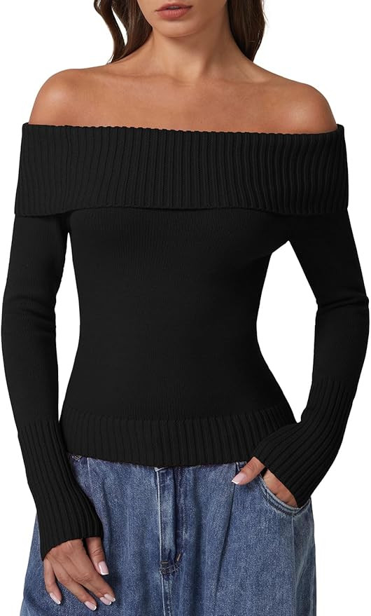 QINSEN Cotton Off The Shoulder Sweater for Women Long Sleeve Ribbed Knit Pullover Sweater Slim Fi... | Amazon (US)