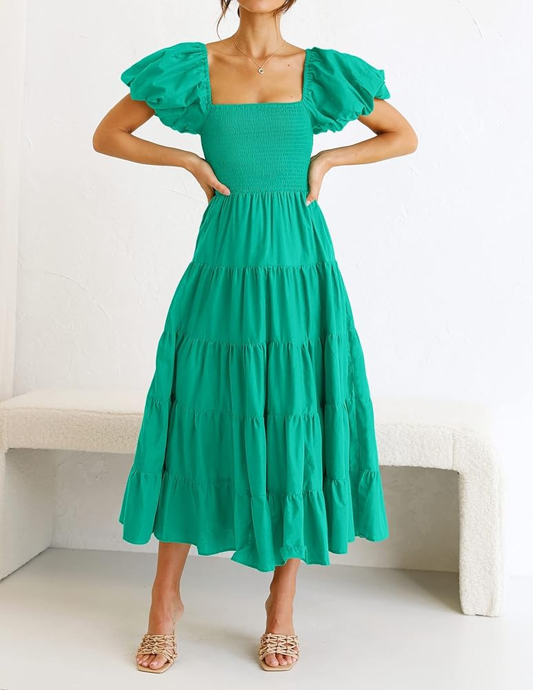 ZESICA Women's 2024 Summer Square Neck Short Puff Sleeve Solid Color High Waist Casual Smocked Fl... | Amazon (US)