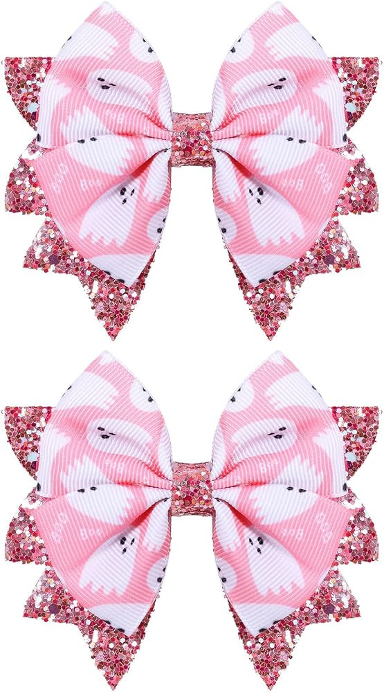 Halloween Pink Ghost Hair Bow Clips for Girls, 2 Pack 3.5" Glitter Hair Ribbon Bow Alligator Clip... | Amazon (US)