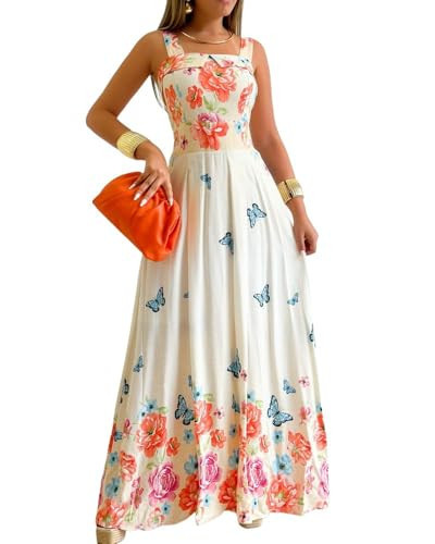 CHICME Women’s Floral Butterfly Print Maxi Dress Quare Neck Spaghetti Strap Shirred Bodice Flowy A Line Boho Vacation Summer Beach Dress-Multicolor-M | Amazon (US)